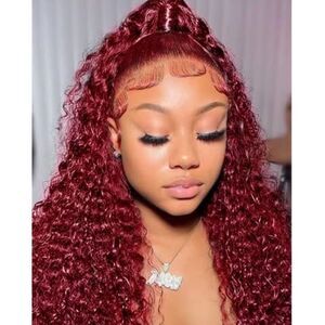 99j Burgundy Deep Wave Lace Front Wigs Human Hair 13x4 180% Density (18inch)